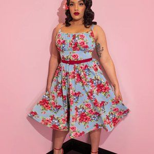 Ingenue Dress Vintage Blue and Red Rose Print | Vixen